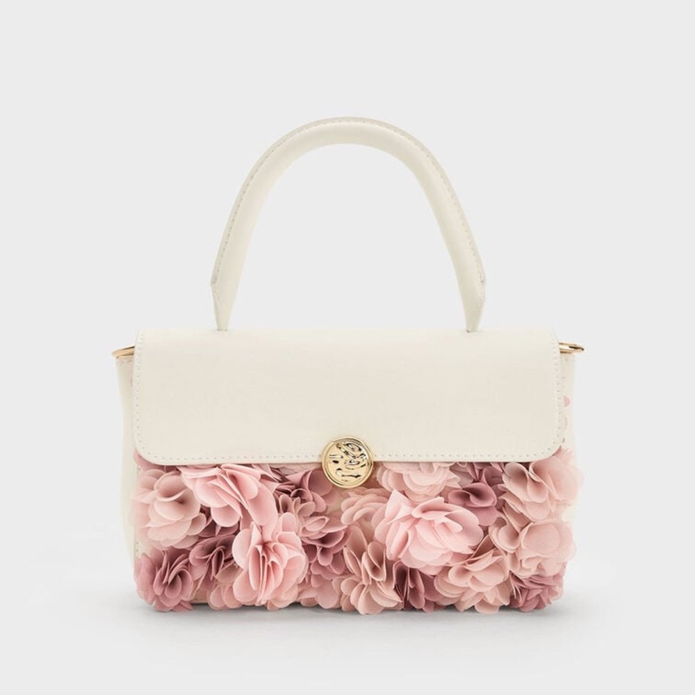 Charles & Keith Floral Mesh Top Handle Bag - Chalk